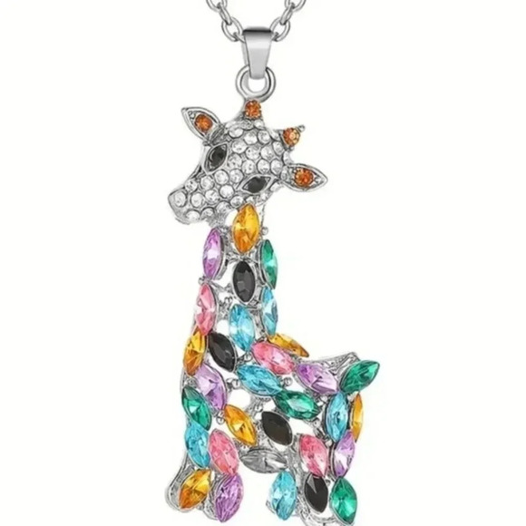 Colorful Giraffe Pendant Rhinestone Silvertoned Necklace - Picture 1 of 4
